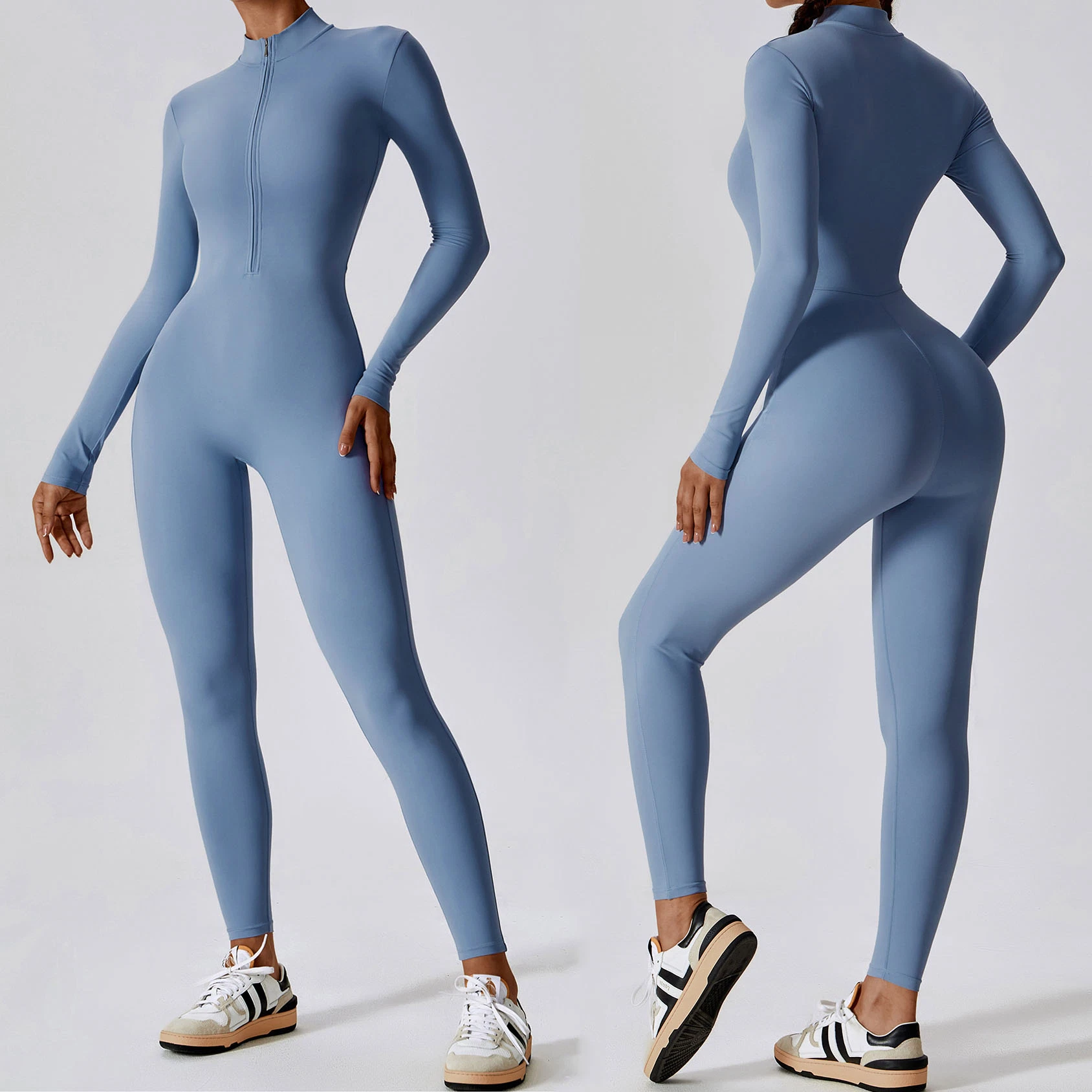 Factory Wholesale Long Sleeve Zip up Full Length Romper Playsuit Bodycon Unitard One Piece Yoga Workout Fitness Jumpsuit