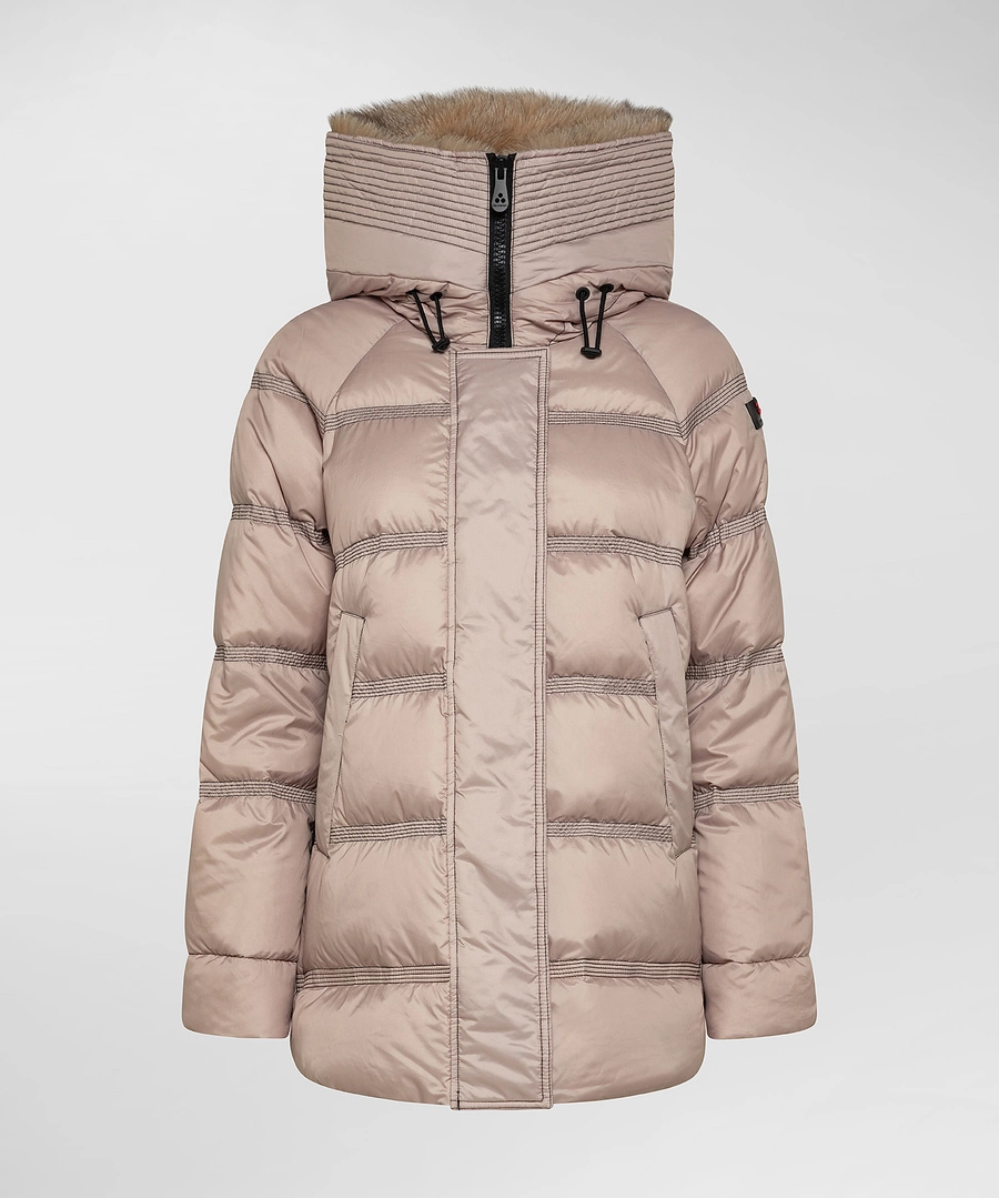 OEM Customized Women Fashion and Functional Superlight Medium Down Jacket High Neck Edged Fox Fur Fabric in Nylon and Microfibre Recycled Polyester