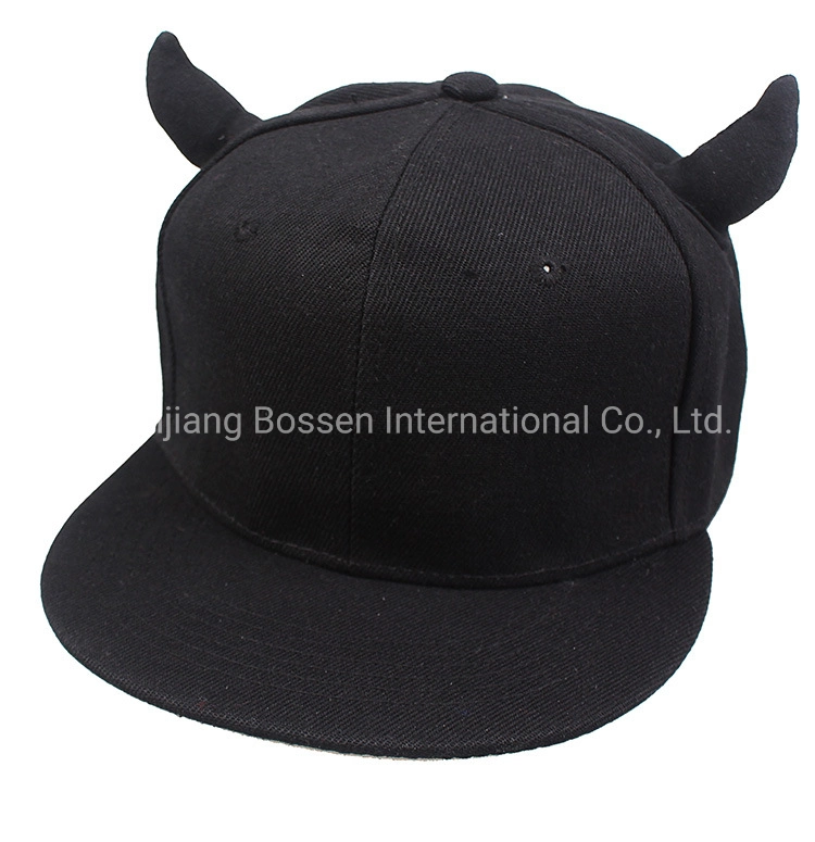 OEM Customized Logo Embroidered Black Cotton Baseball Hat Cap with Horns