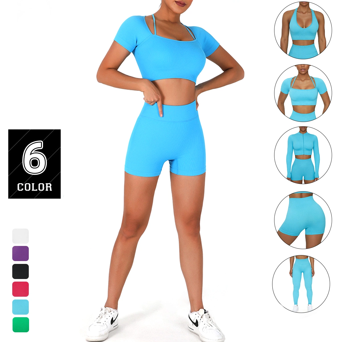 5PCS Ribbed High quality/High cost performance Working out Set Body Shaping Training Apparel for Women, Custom Seamless Sportswear Fitness Top + Yoga Shorts + Leggings Gym Wear