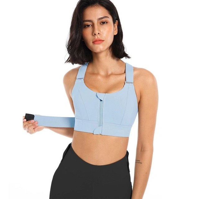 Mujer Deportes Bras Medias Top corta Yoga camiseta delantera Zipper Plus Size Correa ajustable a prueba de golpes Gimnasio Fitness Athletic Corte