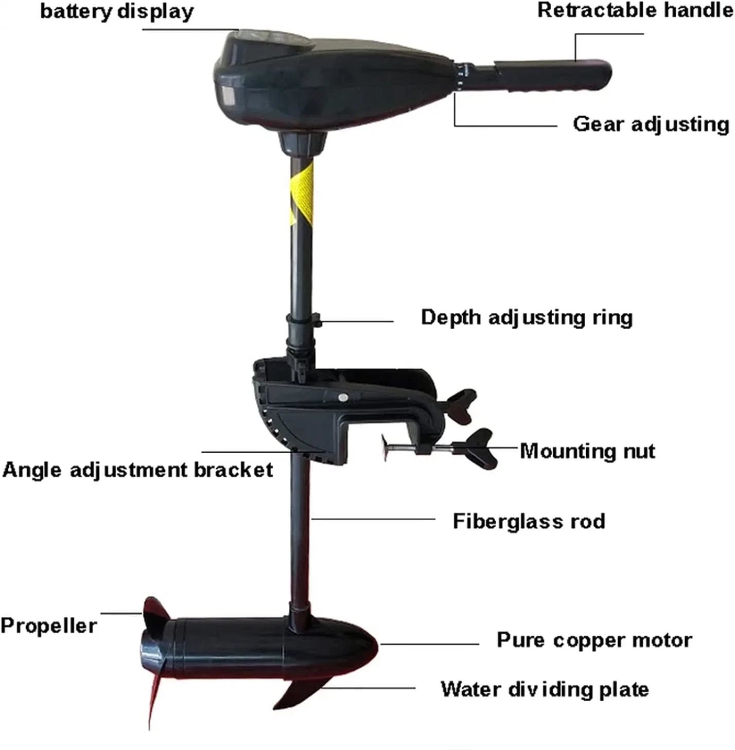 Motor fuera de borda eléctrico 12V, motor eléctrico de pesca de 55 libras para botes inflables, botes de goma y botes de pesca (OMS-55L)