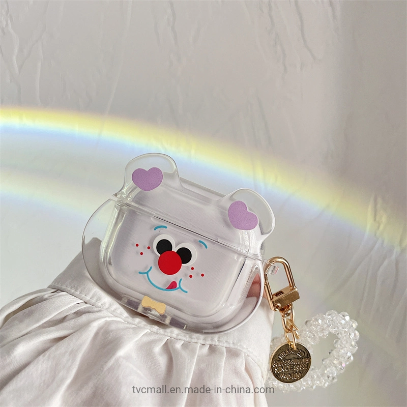 Red Nose Bear Head Pattern Transparent Soft TPU Protective Cover Earphone Case with Heart Pendant for Apple Airpods 3