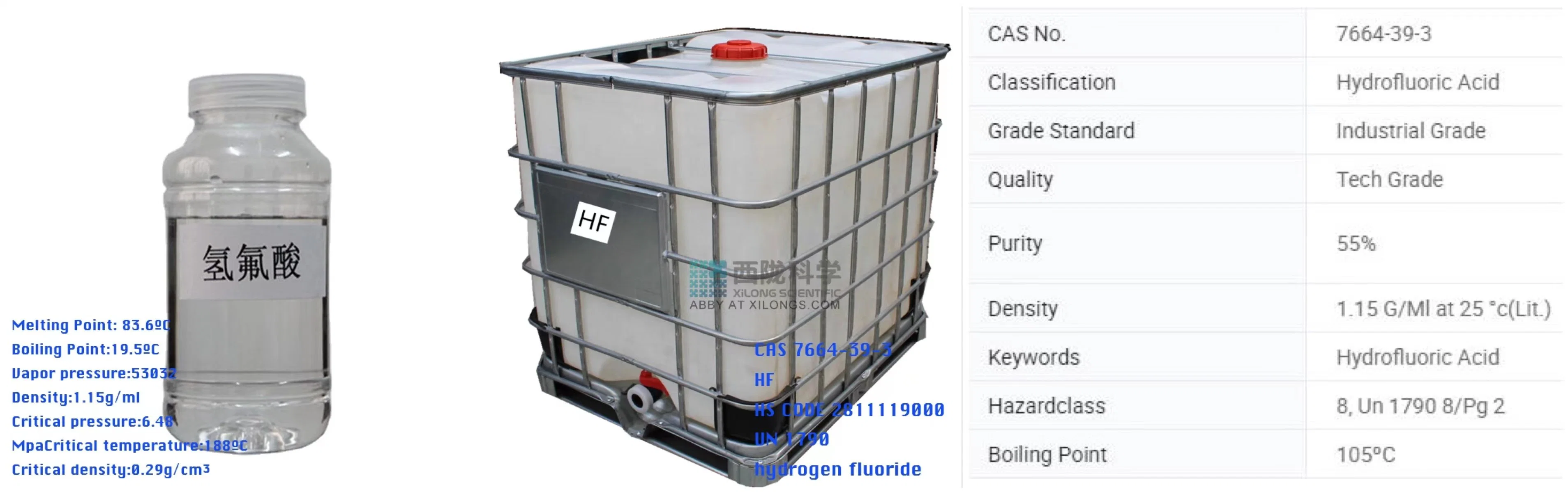precio de fábrica de la competencia para la industria química de grado 7 CAS 664-39-3, ácido fluorhídrico HF fluoruro de hidrógeno, el 55% 70%