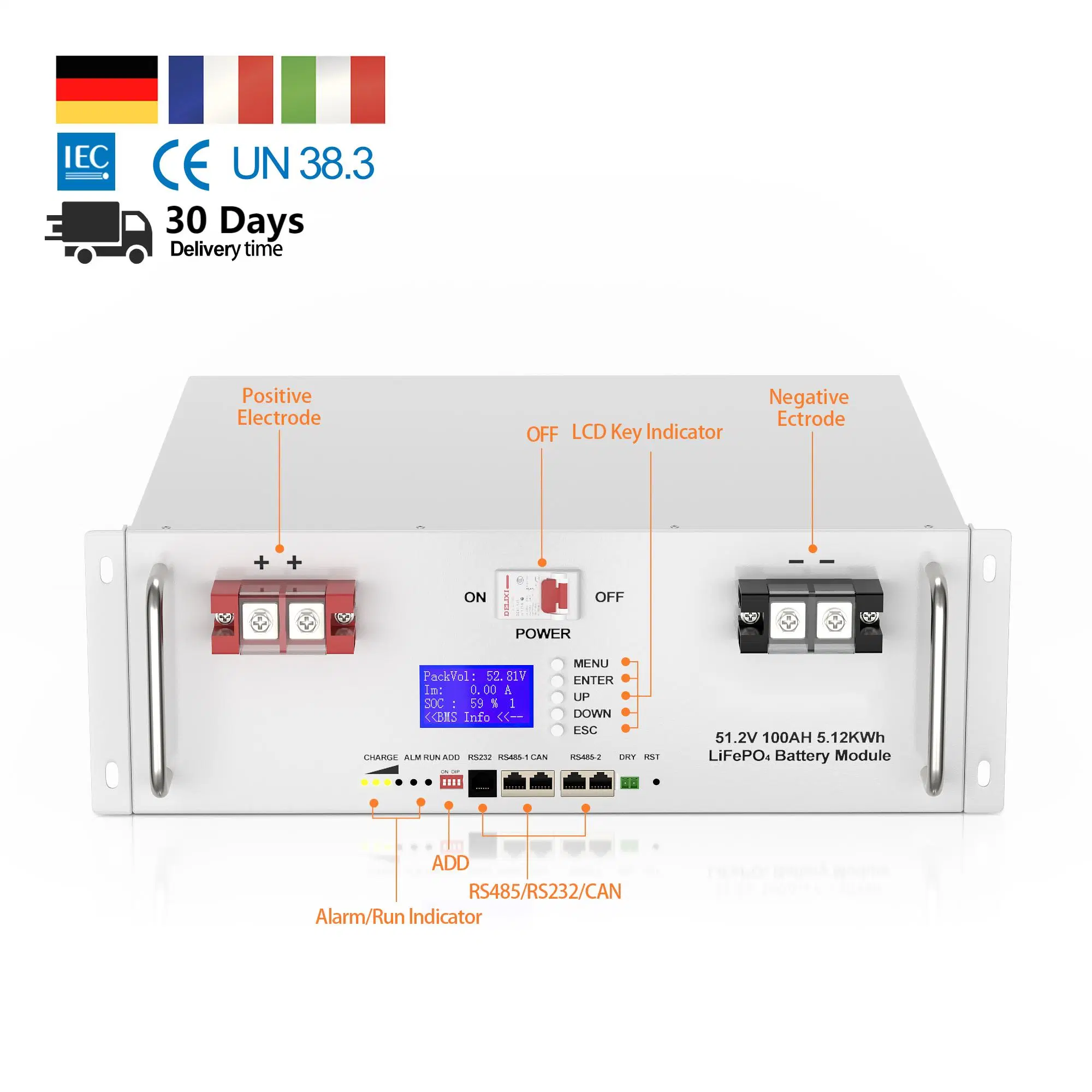 Paquete de baterías de almacenamiento de energía todo en uno 5kwh~75kwh para Solar off Grid Sistema de alimentación LiFePO4 batería 48V 100ah