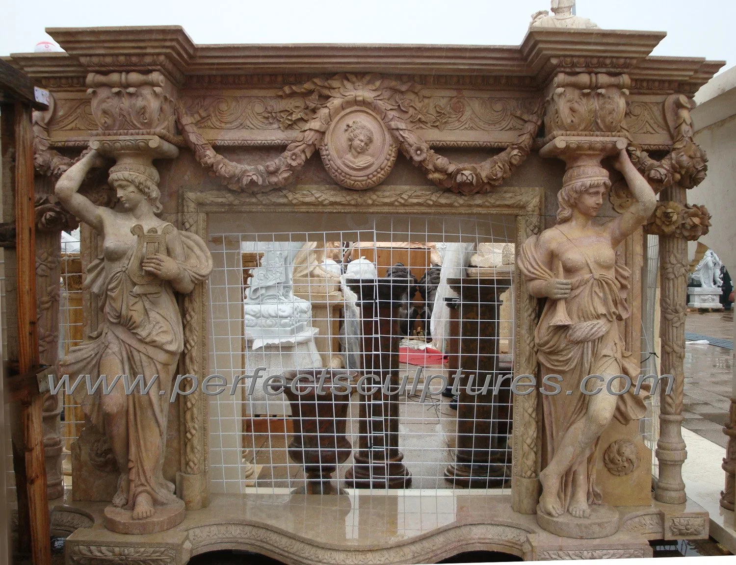 Stone Marble Double Mantel Fireplace with Carved Angel Figure Carving Statue (QY-LS286)