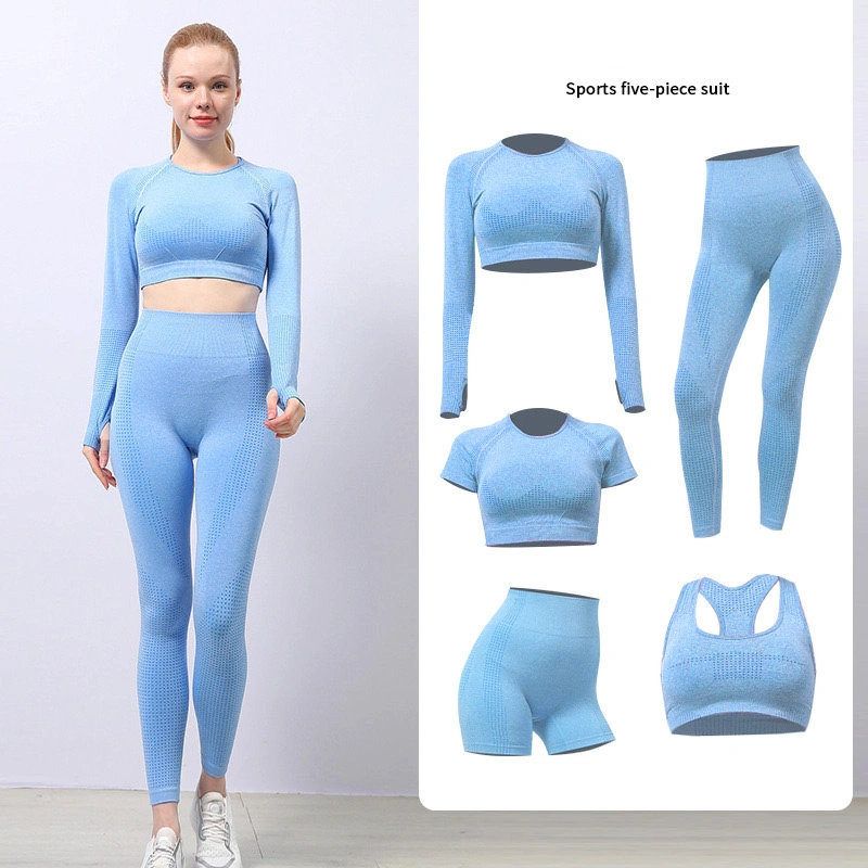 5 PCS Womens Gym Fitness Athletic Workout Yoga Wear for Ladies, Afforable Activewear Seamless Sports Bra + Crop Top + Shorts + Leggings Plus Size Sweatsuits Set