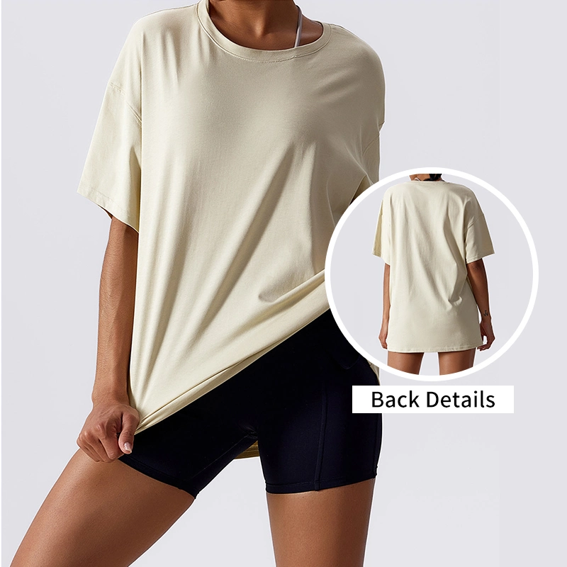 Wholesale OEM/ODM Women Summer Cotton Oversized Tops Loose Fit Soft Gym Sports Fitness Jogging Running Hiking Workout Wear T-Shirts