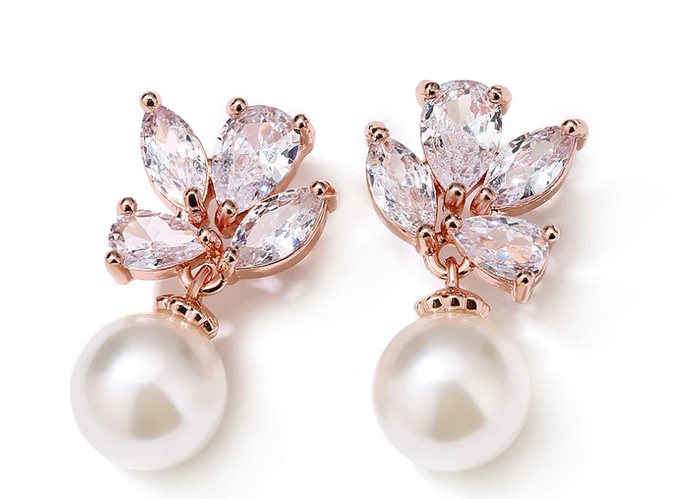 Rose Gold CZ Pearl Stud Earring for Brides, Bridal Wedding Earring, Fashion Earring for Women