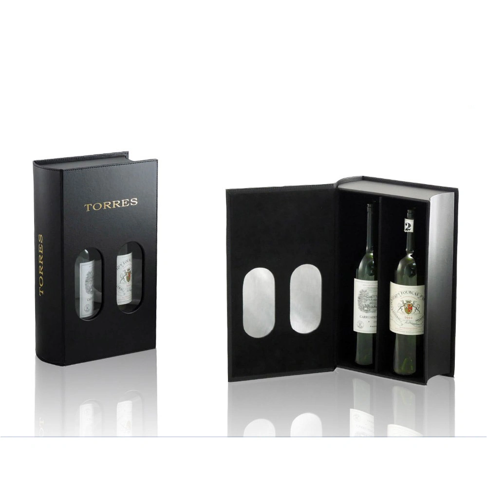 2 Cajas de vino botella de embalaje, logotipo personalizado de lujo Navidad pequeño libro en forma de caja de regalo de vino de cuero