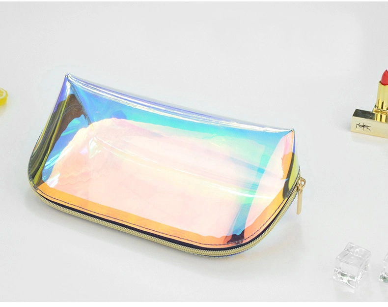 Clear PVC Fashion Cosmetic Pouch Zipper Bag Holographic Toiletry Custom Makeup Brush Bag Rainbow Effect PVC Packing Bags