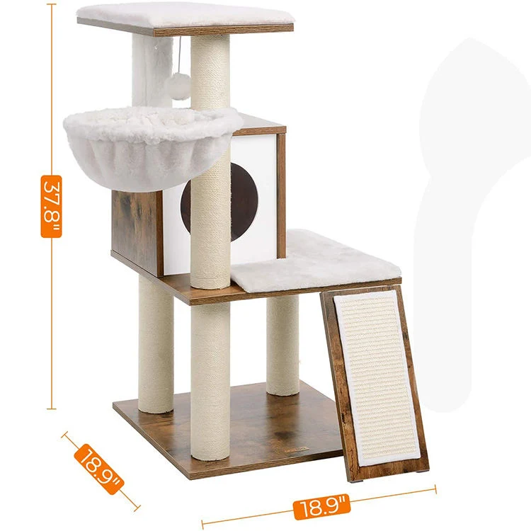 Beige Carpet Wood Sisal Rope Premium Carpeted Wood Wall Cat Tree House for Cats