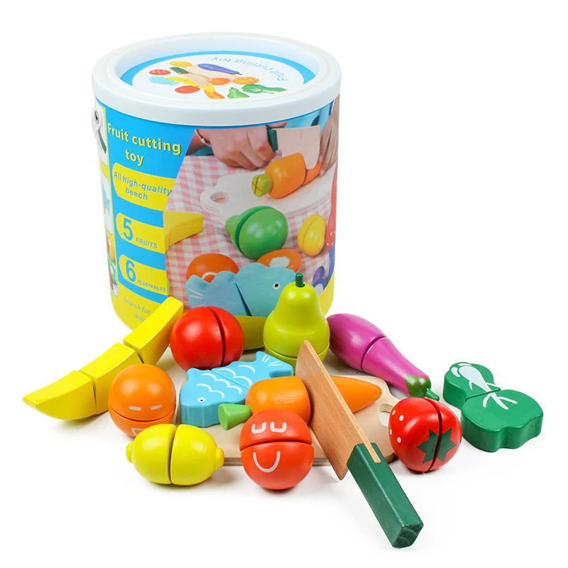 Educación temprana para niños Play House Magic Stick Frutos de madera y. Verduras Cortar para ver el cubo juguetes intelectuales del bebé