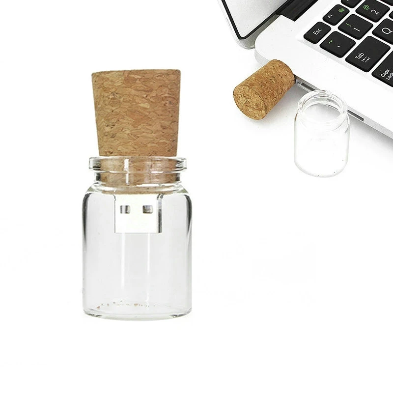 Promotional Gift Wooden Cap Nice Glass Bottle Shape USB Drive with Customized Logo