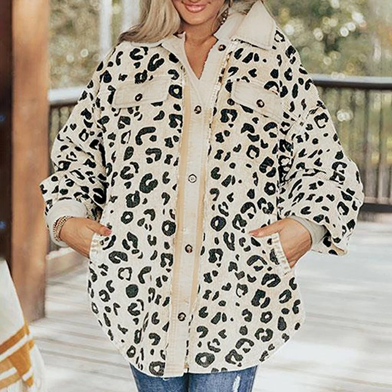 Polyester Damenbekleidung Leopard Tasche Cord Winter Mantel Mode Kleidung Bekleidung Hemdjacke