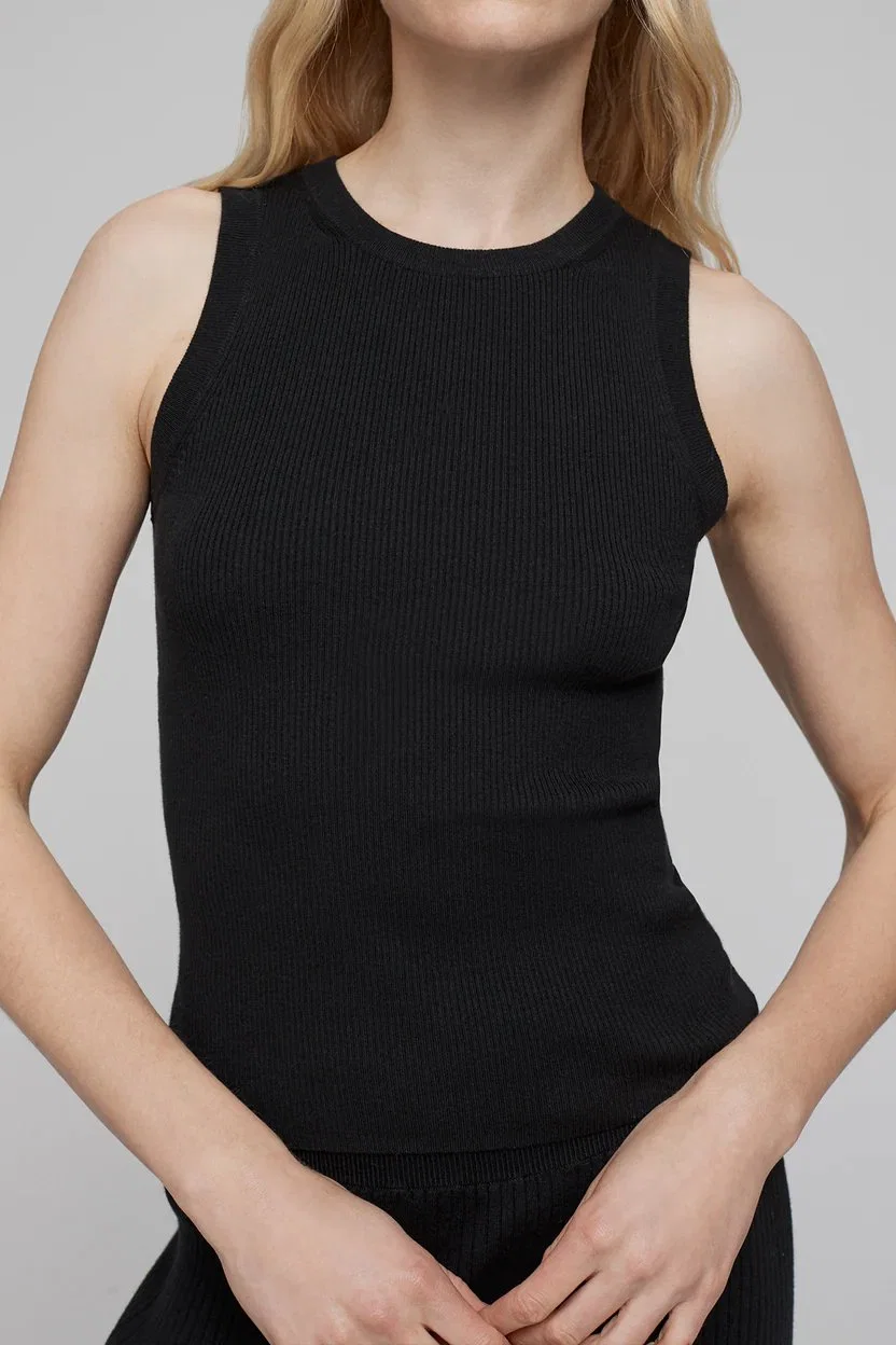 Camiseta de tirantes de punto de media manga con cuello redondo para mujer de algodón con cashmere