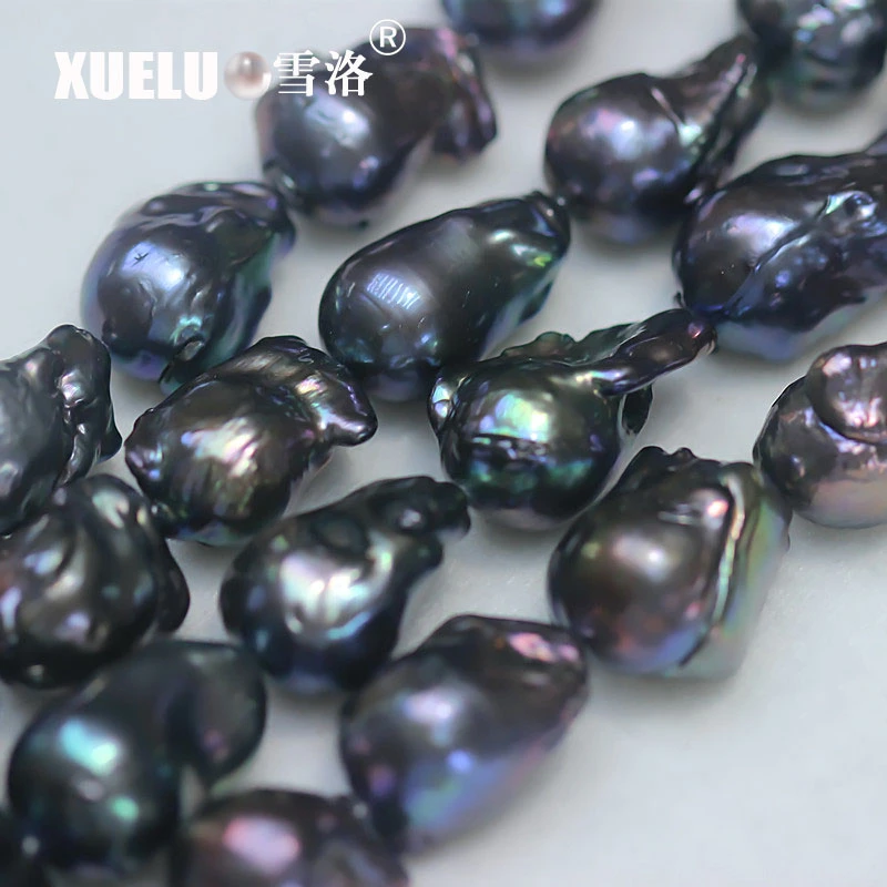 14-16 AAA Quality Black Natural Genuine Cultured Freshwater Nucleated Baroque Pearl Strings (XL190003)