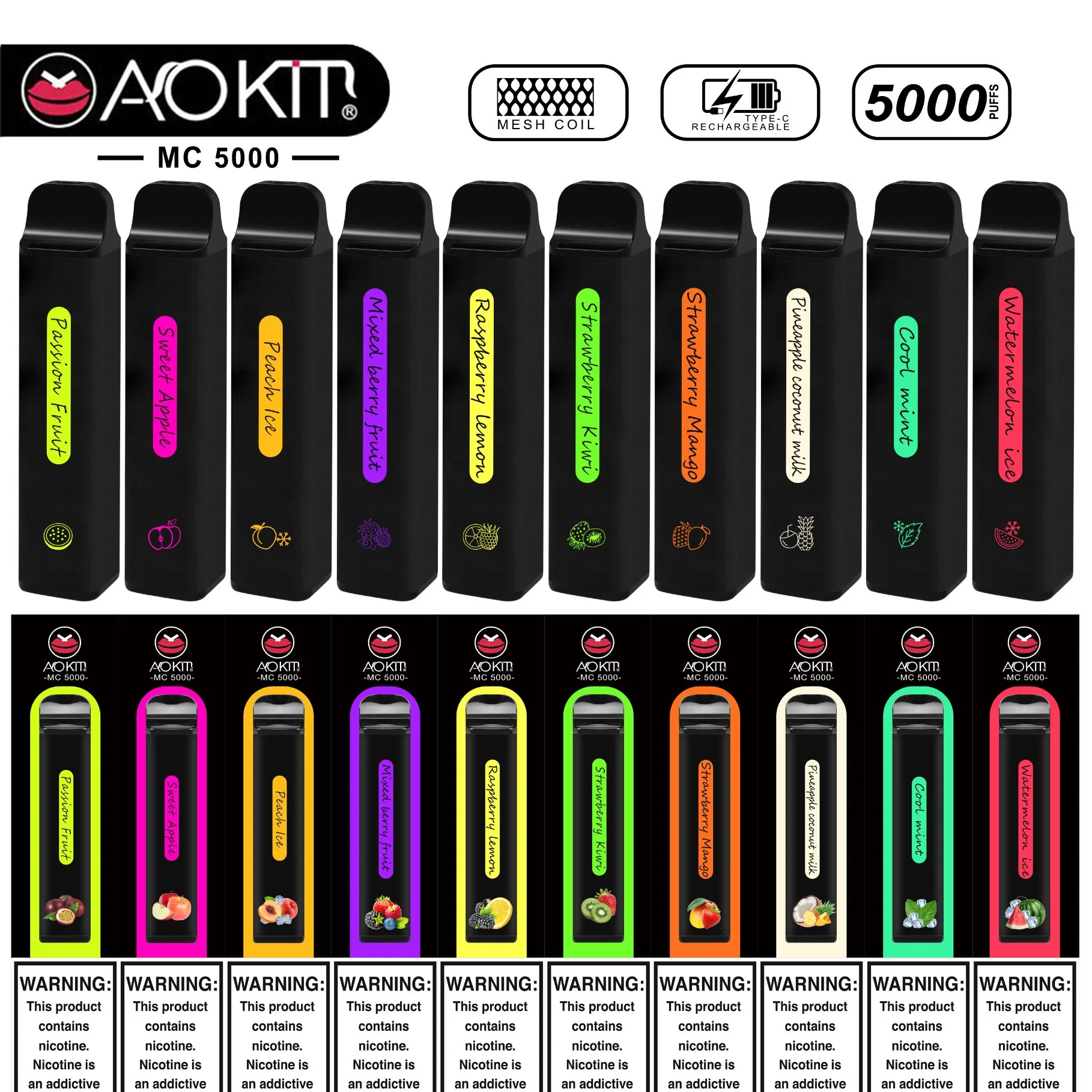 الجملة 5000 أطواق Vape القلم Aokit Mc Disposable صحة إلكترونية السجائر