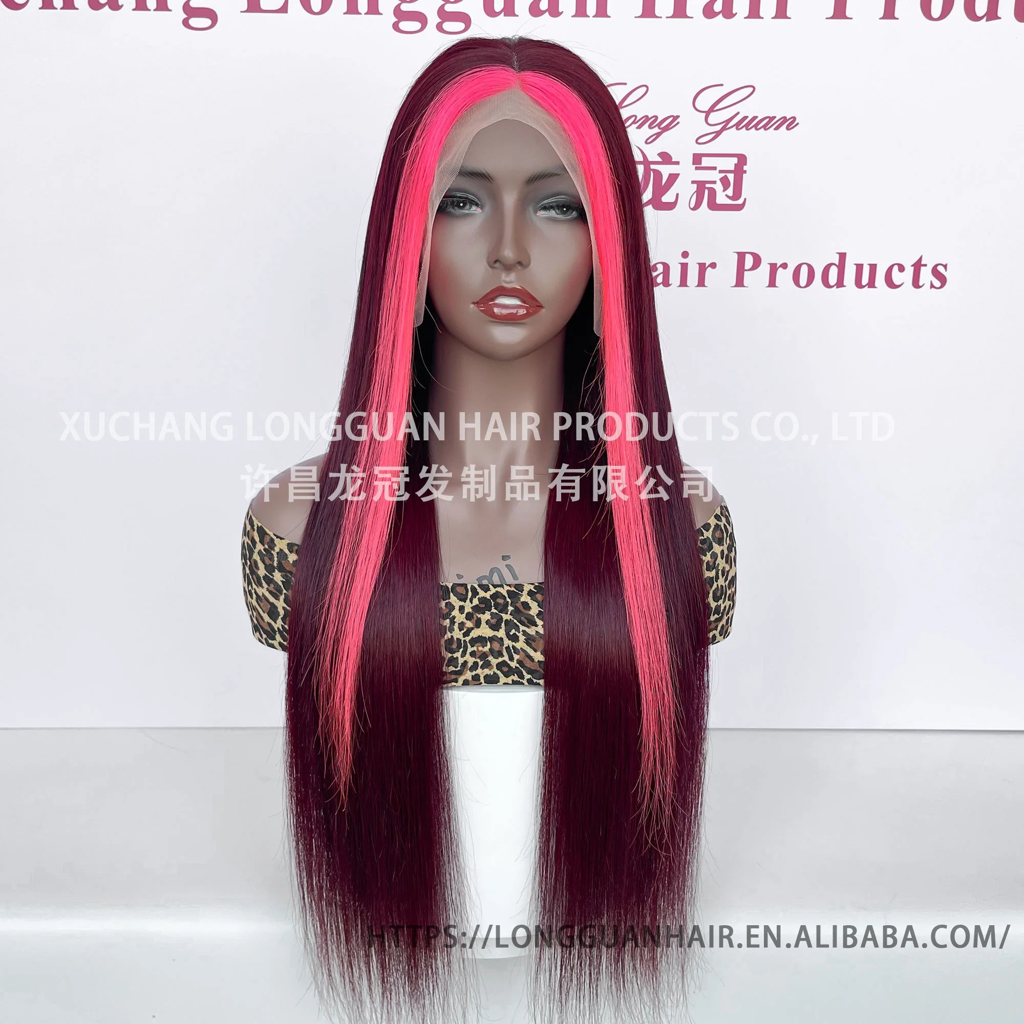 Human Hair 26-Inch Neonpink#99j# Straight 13X4 Skunk Stripe Lace Front Wigs