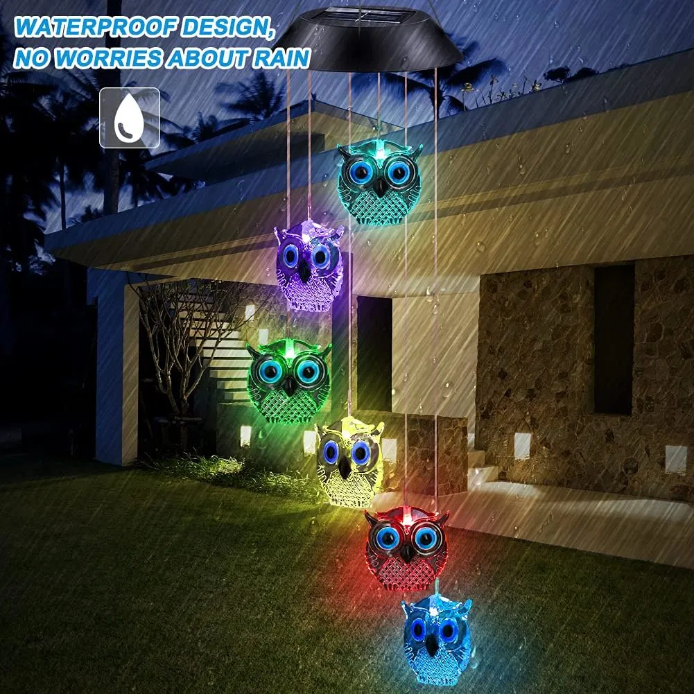 Hermosos carillones de viento solar, Owl Solar LED Carillón de cambio de color Lámpara de jardín impermeable de campanillas con gancho para el exterior patio interior de la cubierta exterior abuela