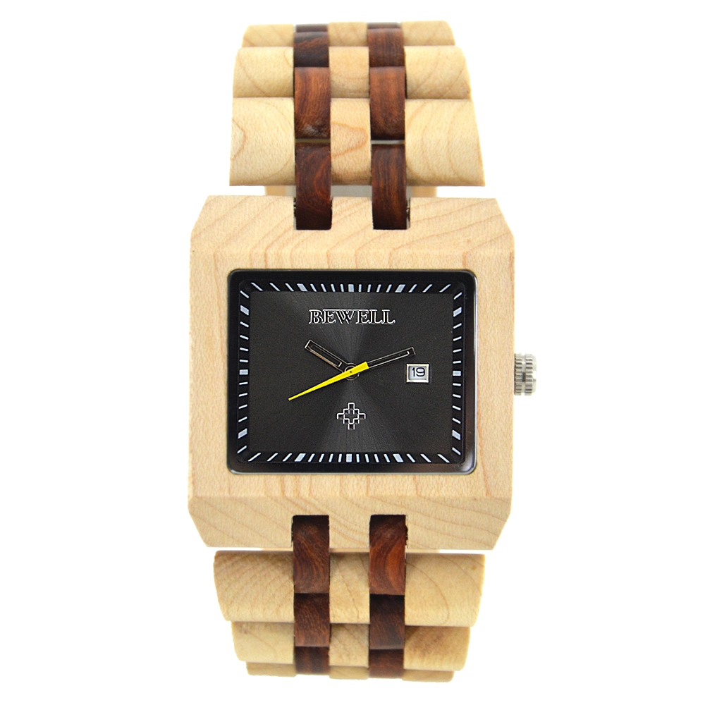 Bewell Square Wooden Watch Mens Watches Wrist Eco-Friendly Custom Watch Date Display Wristwatches for Men Personal Logo Relojes