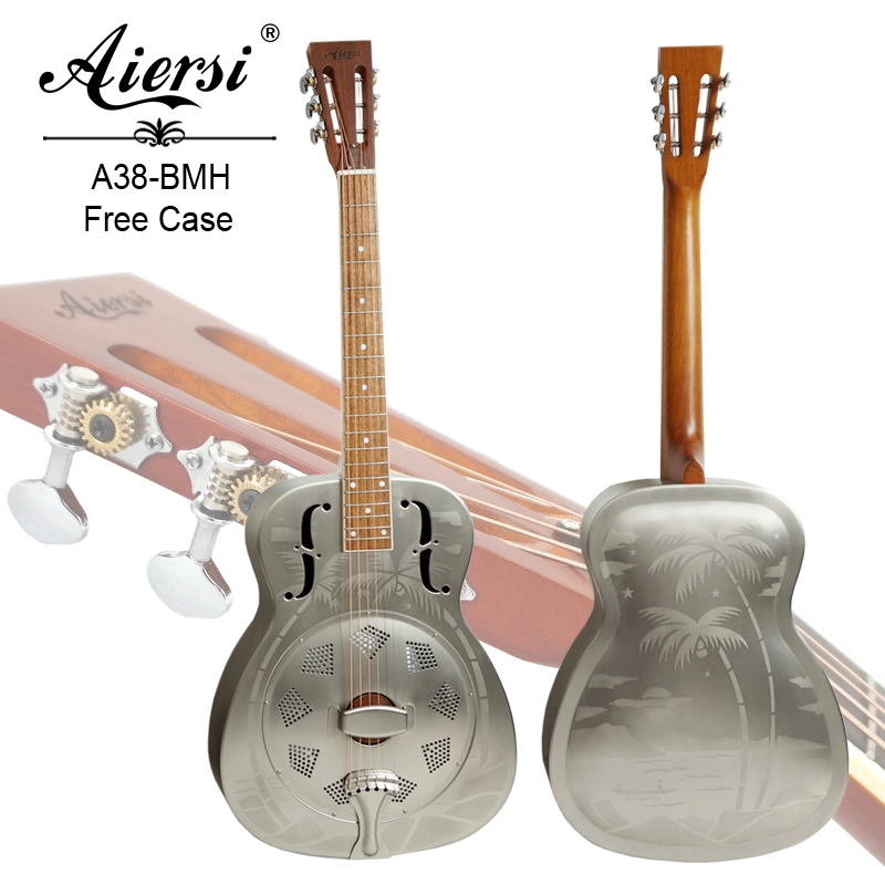 Aiersi Hawaii Tree Pattern Vintage Finish Metal Brass O Style Resonator Acoustic Guitar