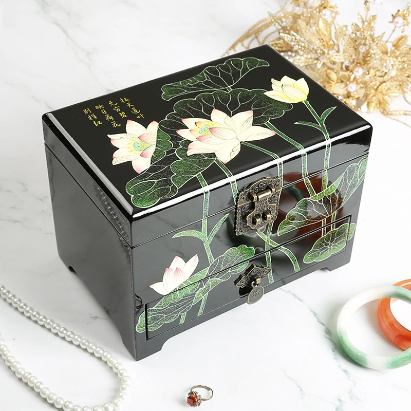 Lotus Pattern Summer Push Light Lacquerware Trousseau Case Double Jewelry Box