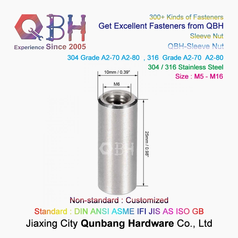 Qbh Customized Carbon Steel/Stainless Steel Zp/Yzp/Bzp/Plain/Black/HDG/Dacromet/Geomet/Nickle Plated Double Thread Nut Round Sleeve Stud Rod Coupling