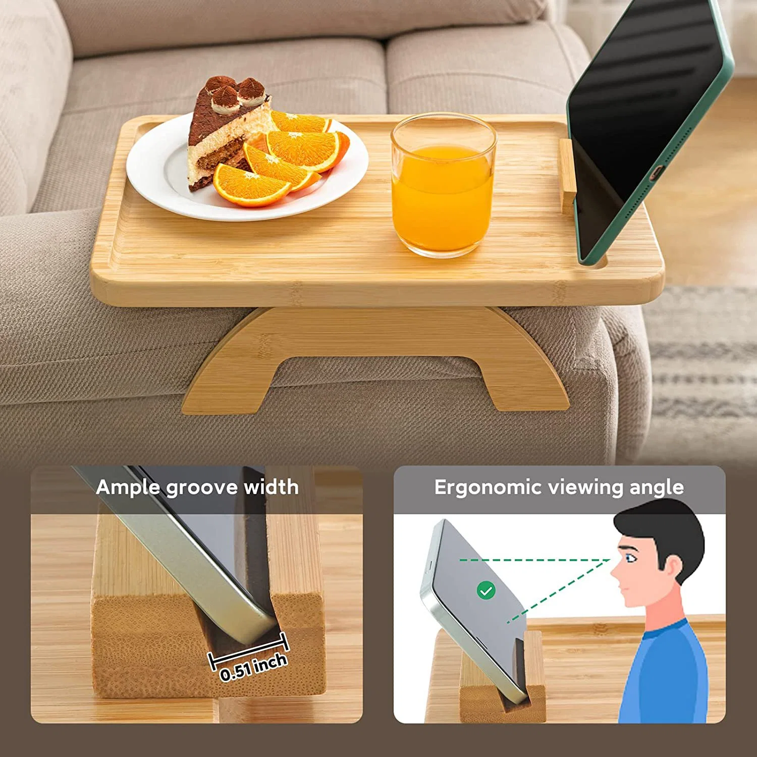 Bamboo Sofa Tray Table Clip on Side Table for Wide Couches Arm Foldable Couch Tray with Rotating Phone Holder Armrest Table for Eating Drinks Snacks