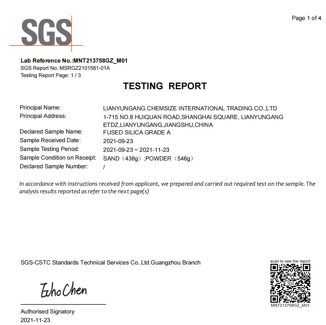 اختبار SGS معتمد من SO2 Seslica SO2&gt;99.9%