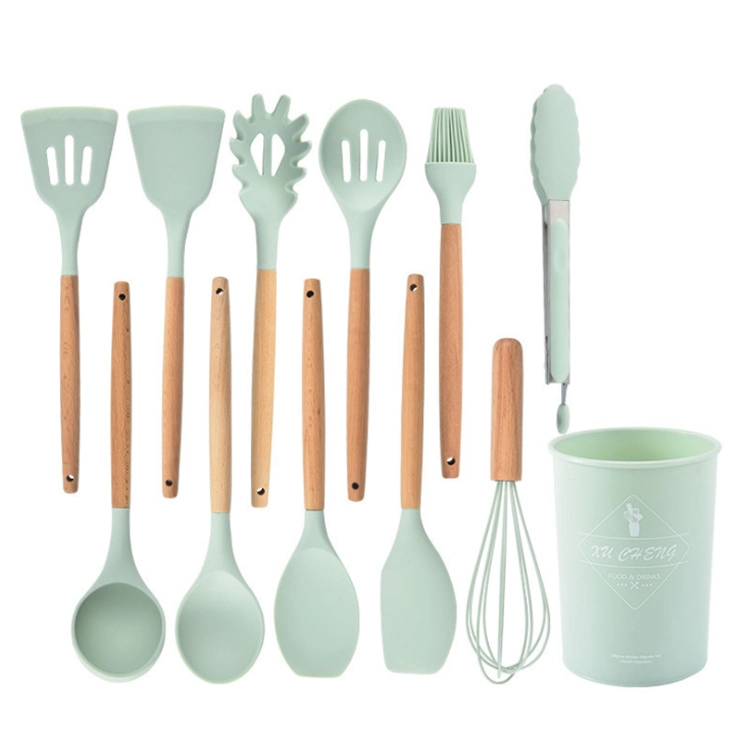 12PCS Non-Stick Silicone Kitchenware Cooking Tool Silicone Kitchen Utensils Sets with Wood Handle