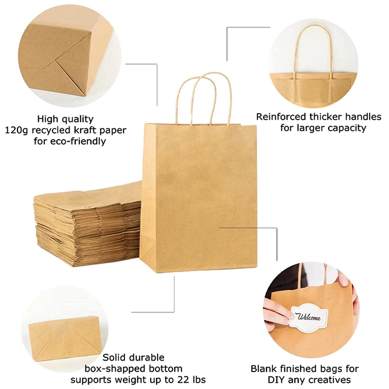 100% Natural Disposable Paper Tableware 210mm Length Kraft Paper Bag with Handles Custom Logo Printing for Restaurant