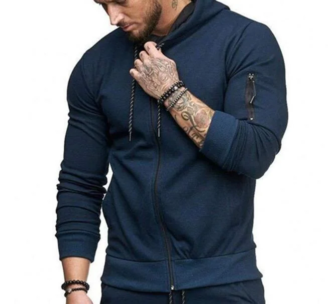 El 65% de algodón para hombres Slim Deporte Sudadera con capucha chaqueta con cremallera del brazo de la moda casual sudadera de viajes