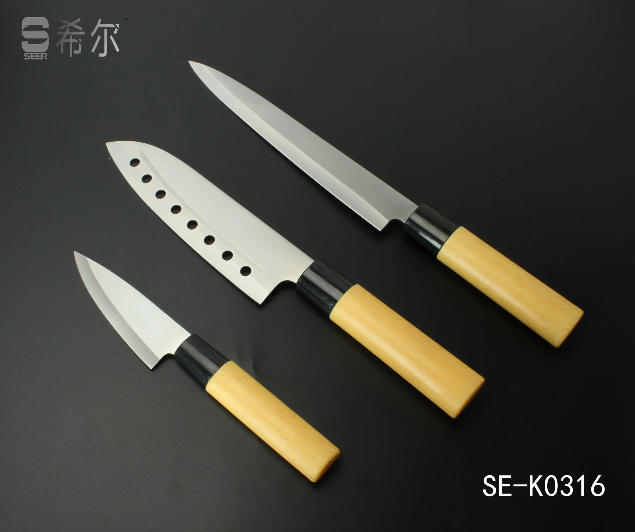 3pcs cuchillo de cocina Set /Filete cuchillo/navaja Sushi Japonés/Chef cuchillo/navaja de fruta con un plástico como Mango (SE-K0316)