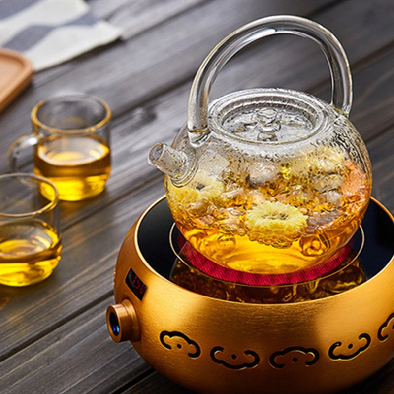 Borosilicate Hand Blown 800ml Glass Clear Tea Pot with Color Handle