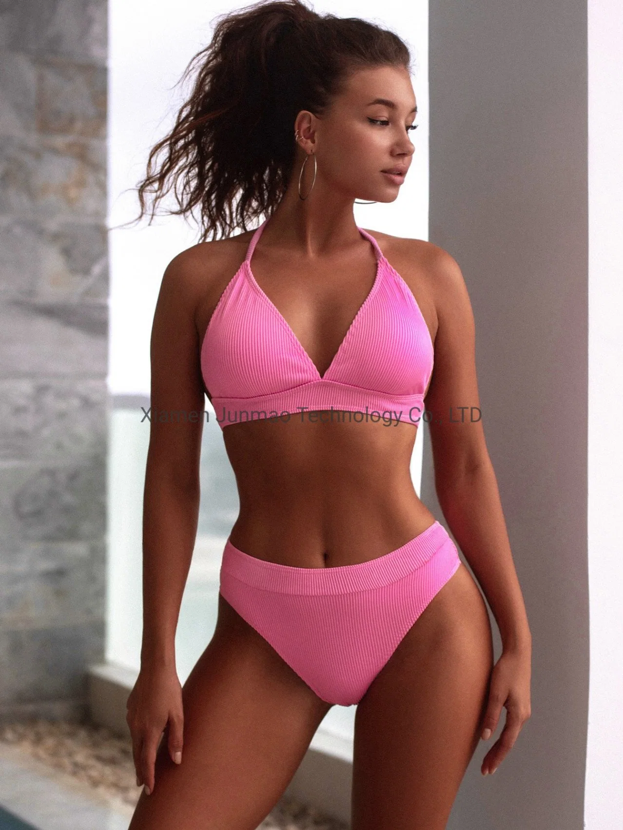 De la mujer sexy traje de baño dividido tejido especial de cintura alta Bikini Hot Sales conjunto de colores rosa palo playa