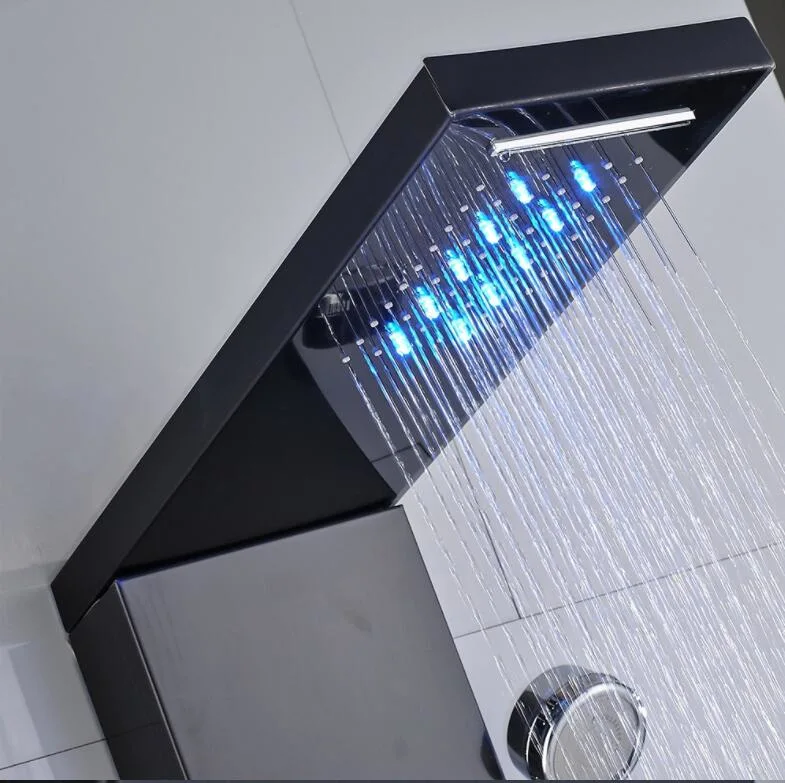 Pared LED columna de ducha lluvia Cascada Ducha pantalla de temperatura Ducha de mano Masaje SPA Jet tres asas Mezclador Juego de machos de roscar grifo