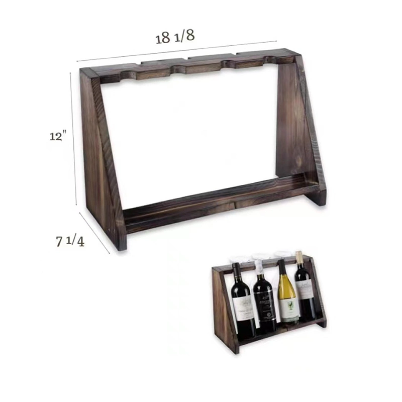 Wood Storage Rack Dining Room Torched Countertop Wine Bottle & Glass Holder