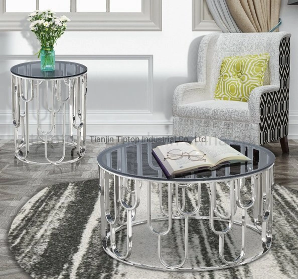 Möbel Wohnmöbel Moderne Möbel Gehärtetes Glas Wohnzimmertisch Mit glänzenden Edelstahl Beine Couchtisch