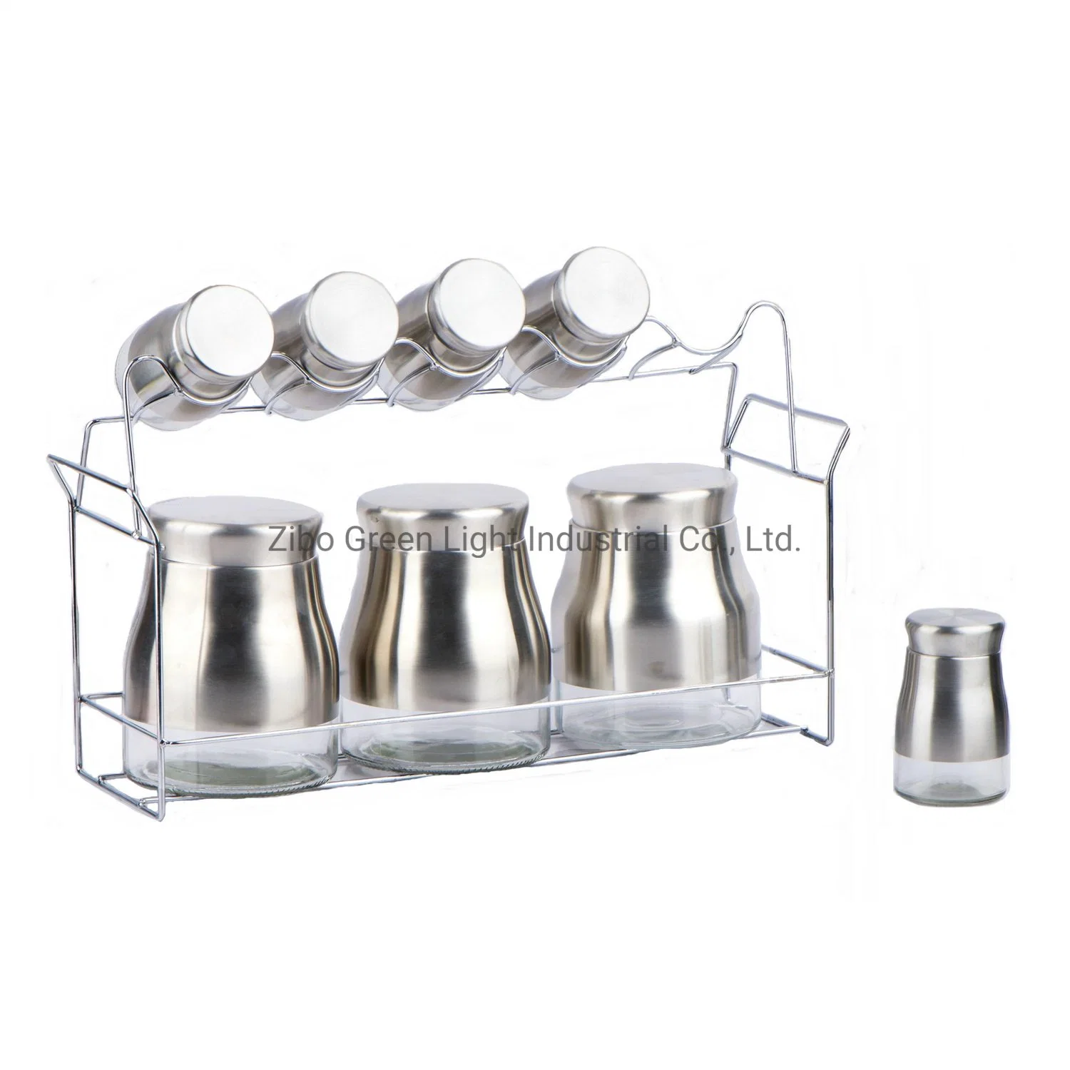 7pcs Frasco de vidrio con carcasa de acero inoxidable y Metal Rack para el almacenamiento de alimentos