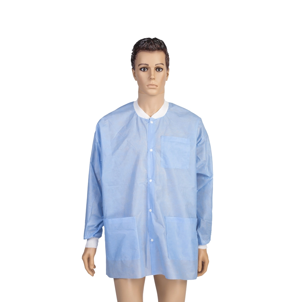 Disposable SMS Lab Coat Blue with Pockets for Adult Knitted Collar and Cuffs Breathable Fluid Resistant