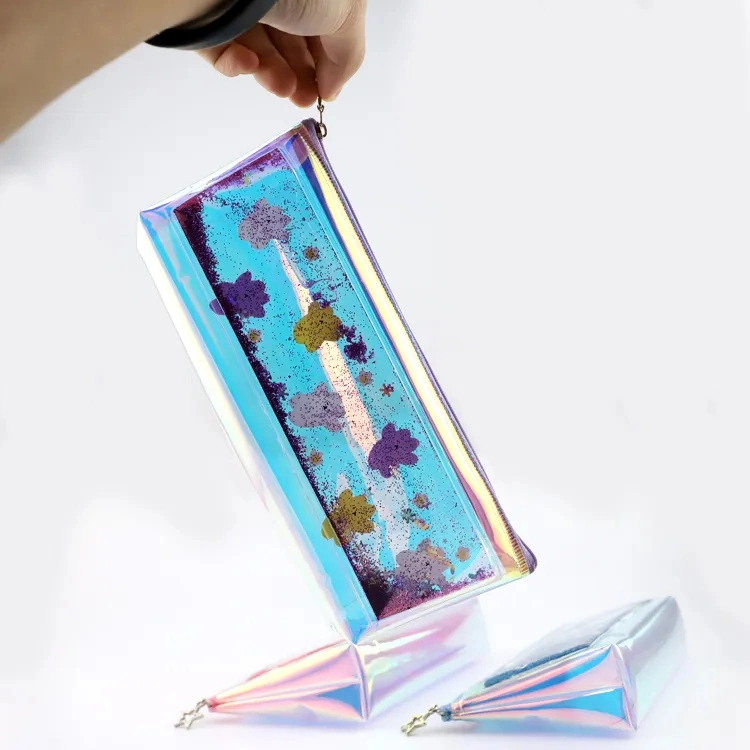 Wholesale Fashion transparent PVC laser Equins Quicksand Pencil case Pen Crayon papeterie Sac sacs imperméables en PVC