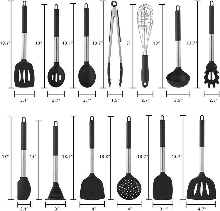 13PCS de Aço Inoxidável lidar com silicone resistente ao calor utensílios de cozinha