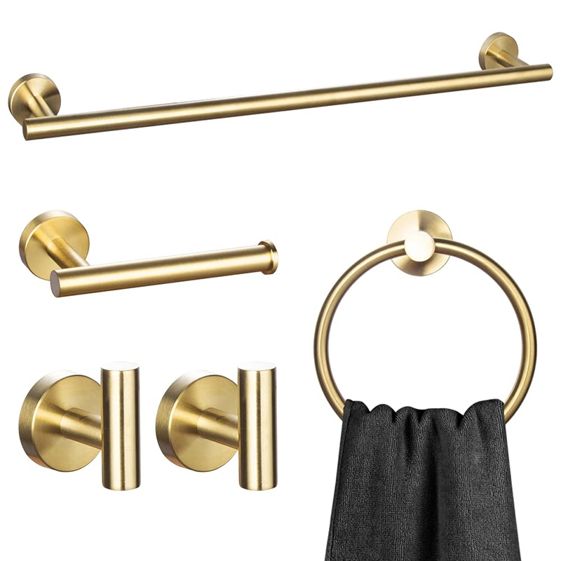 Gold Brushed SUS304 Bathroom Accessories Hardware Set Wall Mounted Towel Rail Toilet Paper Holder Towel Ring Hanging Hooks