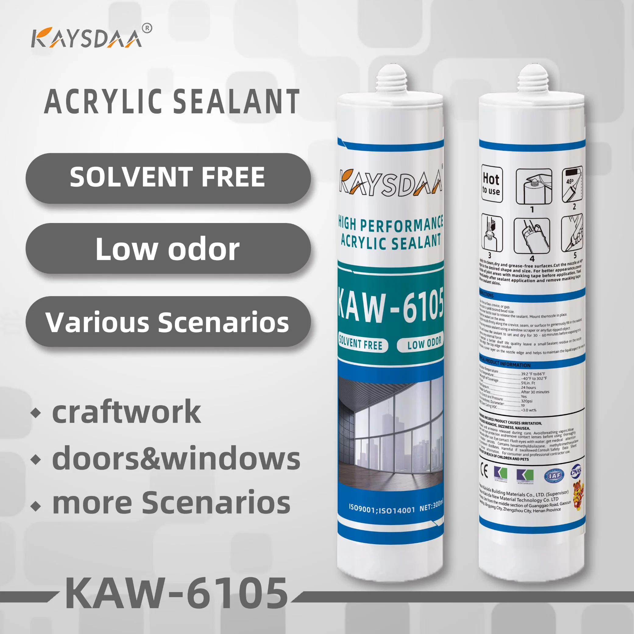 Kaw-6105 Selante e Adesivo de Silicone Acrílico para Portas e Janelas