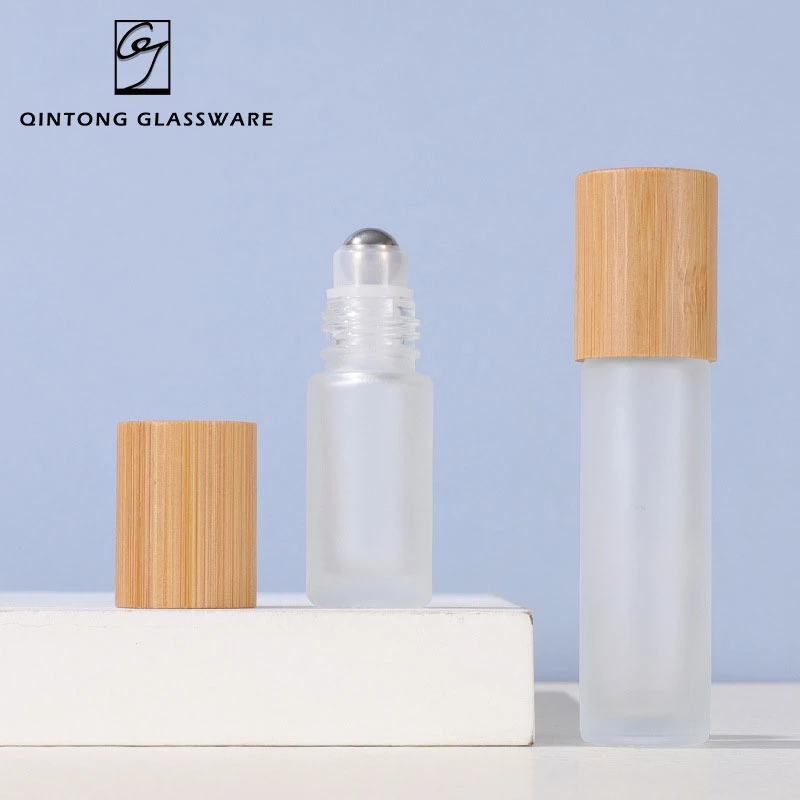 Factory Price 5ml 10ml 15ml Environmentally Friendly Matte Glass Cosmetics Packaging Perfume Glass Essential Oil Bottle with Bamboo Lid and Roller Ball