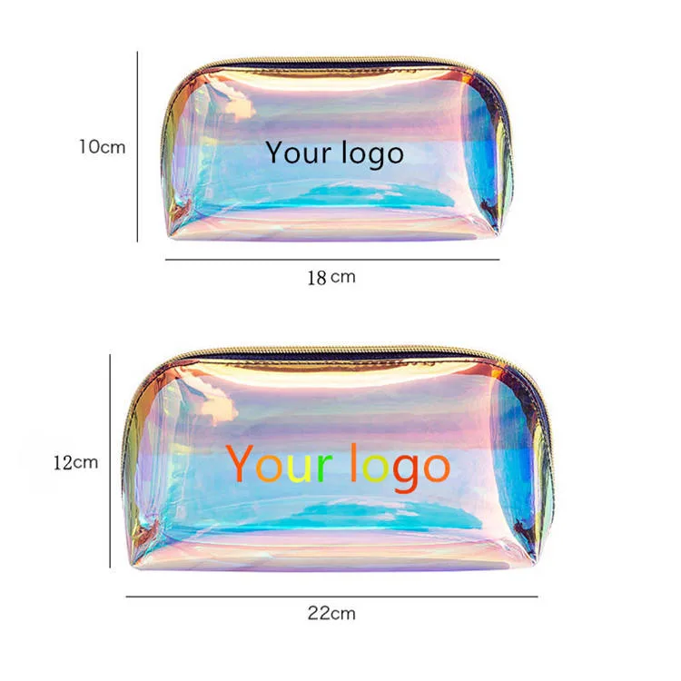 Low MOQ Custom Logo Clear Transparent Holographic Makeup PVC Pouch