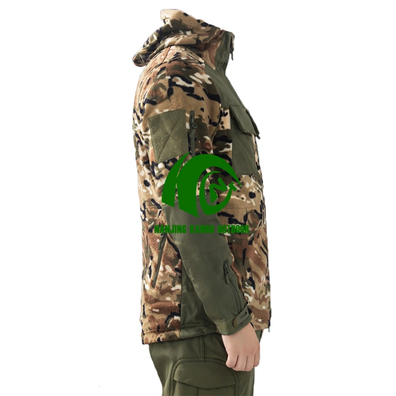 Blusão de velo camuflado para outono e inverno tático com capa macia camuflada Quebra-ventos quentes Coat Exterior Hooded Army roupas