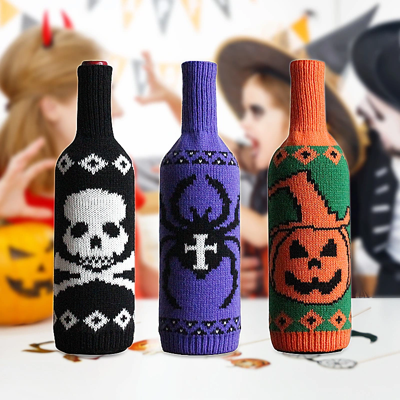 Halloween Wine Bottle Cover Skull Pumpkin Knit Champagne Wine Bottle Bag Table Decorations