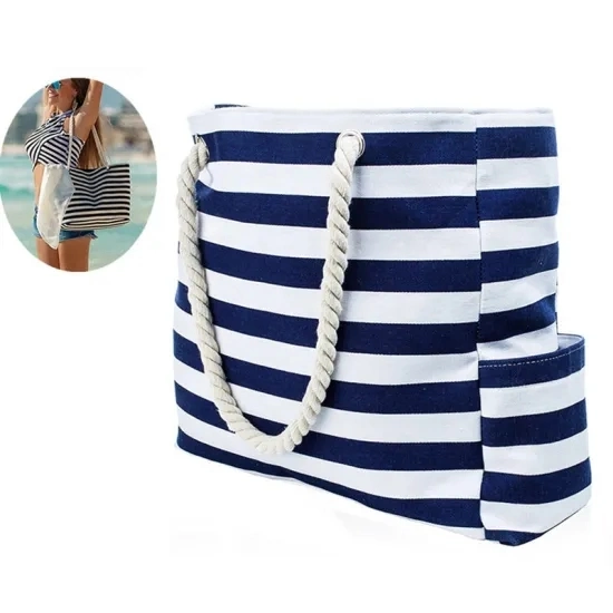 Large Beach Bag Waterproof Canvas Beach Tote with Top Zipper-6 Pockets